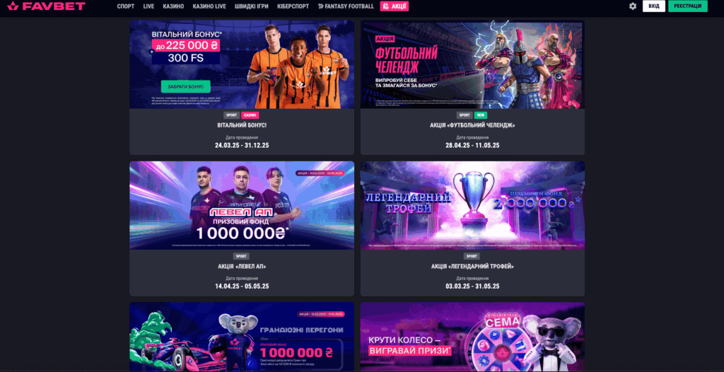 Типи промокодів казино Favbet